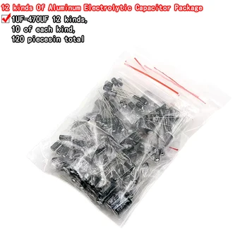 1set z 120pcs 12 hodnoty 0.22 UF-470UF Hliníkové elektrolytický kondenzátor sortiment kit set pack
