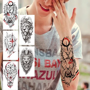 Beast Lion Dočasné Tetovanie Pre Mužov, Ženy, Dospelých Kompas Kríž Tetovanie Nálepky Falošné Vlk Black Monster Realistické Tatoos Maľovanie