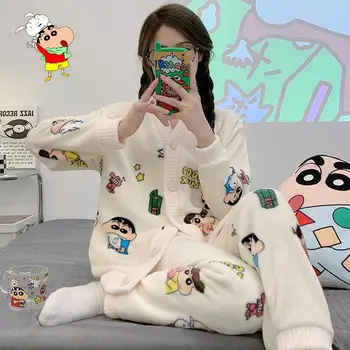 Cartoon Crayon Shinchan Coral Velvet Pyžamo Zimné Zahusťovanie Voľný Čas Pohodlie Plyšové Sleepwear Roztomilý Giris Domáce Oblečenie Darček