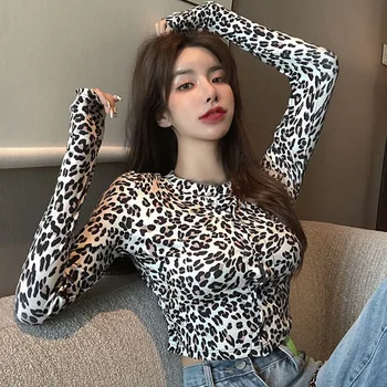 Dámske tričká Leopard O-Krku Štíhle Sexy Pupok Vystavení Dlhý Rukáv Fashion Bežné Topy