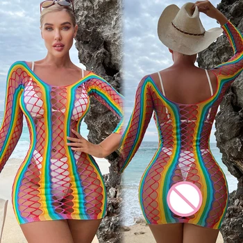 Dámy Rainbow Mini Pláž Nosiť Erotické Rybárske Siete Duté Vidieť Cez Čisté Oblečenie Žien Sexy Transparentné Bodycon Šaty Kombinézach
