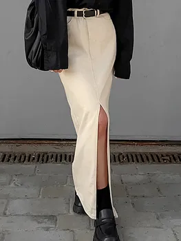 GUUZYUVIZ Elegantné Predné Split Sukne Pre Ženy Y2k kórejský Módne Jednoduché Pevné Dlhé Sukne Jupe Femme