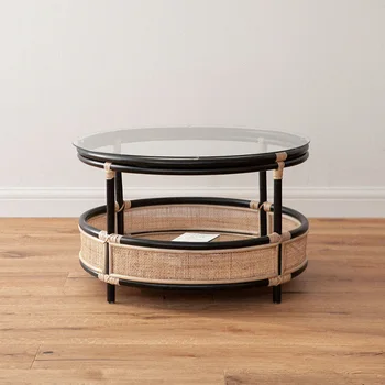 Japonský štýl okrúhly ratanový stolík iny vintage sklo nízky stolík jednoduchý, krytý obývacej izbe, konferenčný stolík