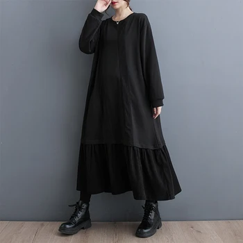 Kórea Japonský Tmavo Čierne Štýle Patchwork Menčester Vintage Jeseň Zima Prehrabať Šaty Módne Ženy Jar Outwear Bežné Šaty