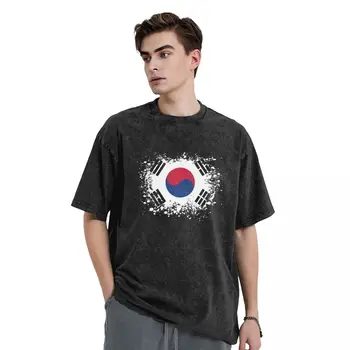 Kórea Príznak Tlač Umyté T-Shirt Pár Zábavné Vlajky Y2K Zábava Bavlnené Tričká Beach O Krk Trendy v Pohode Tee Tričko Nadrozmerná Topy