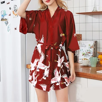 Luxusné Žena Pyžamo Župan Odolnosť Tlačených Kvetinový Japonské Kimono Cardigan Sleepwear Pyžamá Sexy Yukata Noc Party Šaty Župan