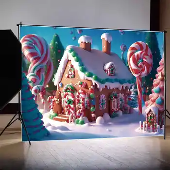 MESIAC.QG Fotografie Pozadí, Vianočné Dekorácie, Rekvizity Gingerbread House Kabíne 2023 Pozadí Snehu Domov Barlu Candy Streľba