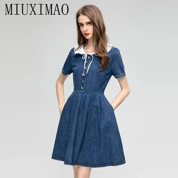 MIUXIMAO 2023 Elegantné a veľmi ženské Šaty Módne Krátky Rukáv Retro Diamond Tlačidlá Džínsové Šaty Ženy, Ženské Šaty