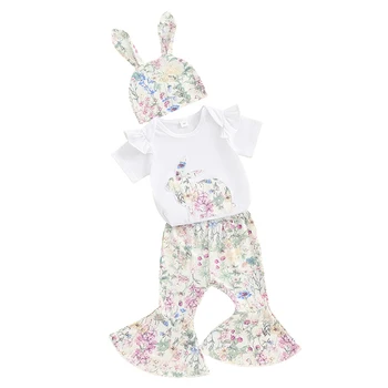 Moja Prvá veľká noc Dieťa Dievča Oblečenie Novorodenca Bunny Romper Kvetinový Bell Spodnej časti Nohavice Set s Klobúk Veľkonočné Dojčenské Oblečenie