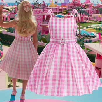 Nový Film Barbi Šaty pre Dievčatá 2024 Halloween Cospay Kostým Narodeninovej Party staroružovej Kockované Šaty Letné Plážové Šaty, 3-10Yrs