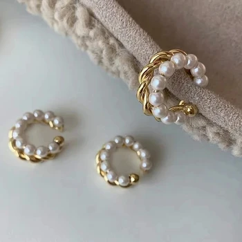 Nový kórejský Zlatá Farba Dvojitý Kruh Twist Pearl Ucho Putá Vintage Geometrické Kruhu Earcuff Falošný Piercing Perly Klip na Earings