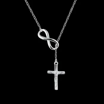 Nový Štýlový 925 Silver Needle Cross Prívesok Infinity Symbol Dlhých Reťazí Módny Náhrdelník Prívesok Žien Obľúbené Šperky
