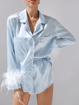 Perie Pyžamo Ženy 2 Dielna Sada Sleepwear Dlho Sleever Hodváb, Bavlna Svetlo Luxusné Pštrosie Vlna Pyžamo Jeseň Elegantné Noc Vyhovuje