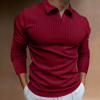 Pruhované Tkaniny T Shirt Polo Tričko S Dlhým Rukávom Bežné Jeseň Jar V Krku Zase Dole Golier Topy T Shirt Streetwear Slim Fit Topy