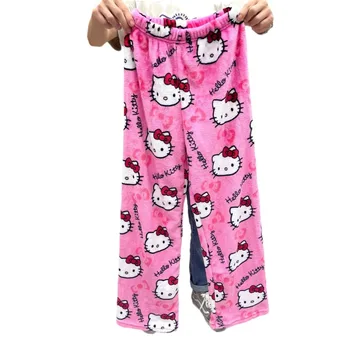 Sanrio Pijamas Nohavice Ženy Hello Kitty Dievča Jesenné a Zimné Študentské Domov Plus Velvet Teplo Y2K Cartoon Plyšové Tepláky Darček