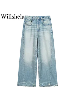 Willshela Ženy Móda Denim Modrá Predný Zips Rovné Džínsy, Nohavice Vintage Vysoký Pás Celej Dĺžke Žena Chic Lady Nohavice
