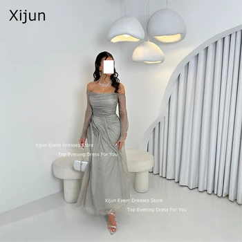 Xijun Elegantné Morská Víla Večerné Šaty Formálne Saudskej Arabric Prom Šaty Plné Rukávy Ramena Prom Šaty Sivej Party Šaty